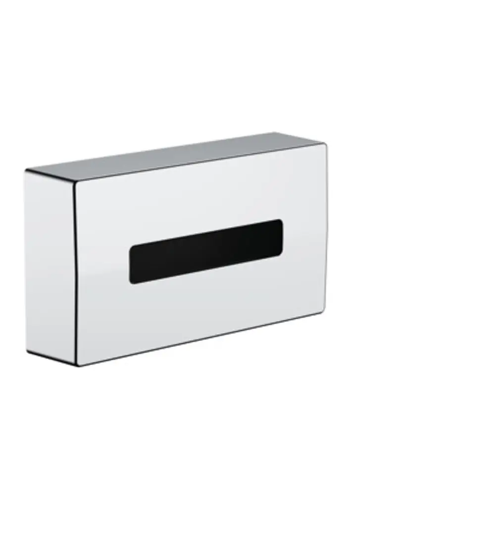 Kosmetiktuchbox aus Chrom von Hansgrohe, rechteckige Form mit schwarzem Schlitz für einfache Entnahme. Ideal für Badezimmer odersehr moderne Räume.